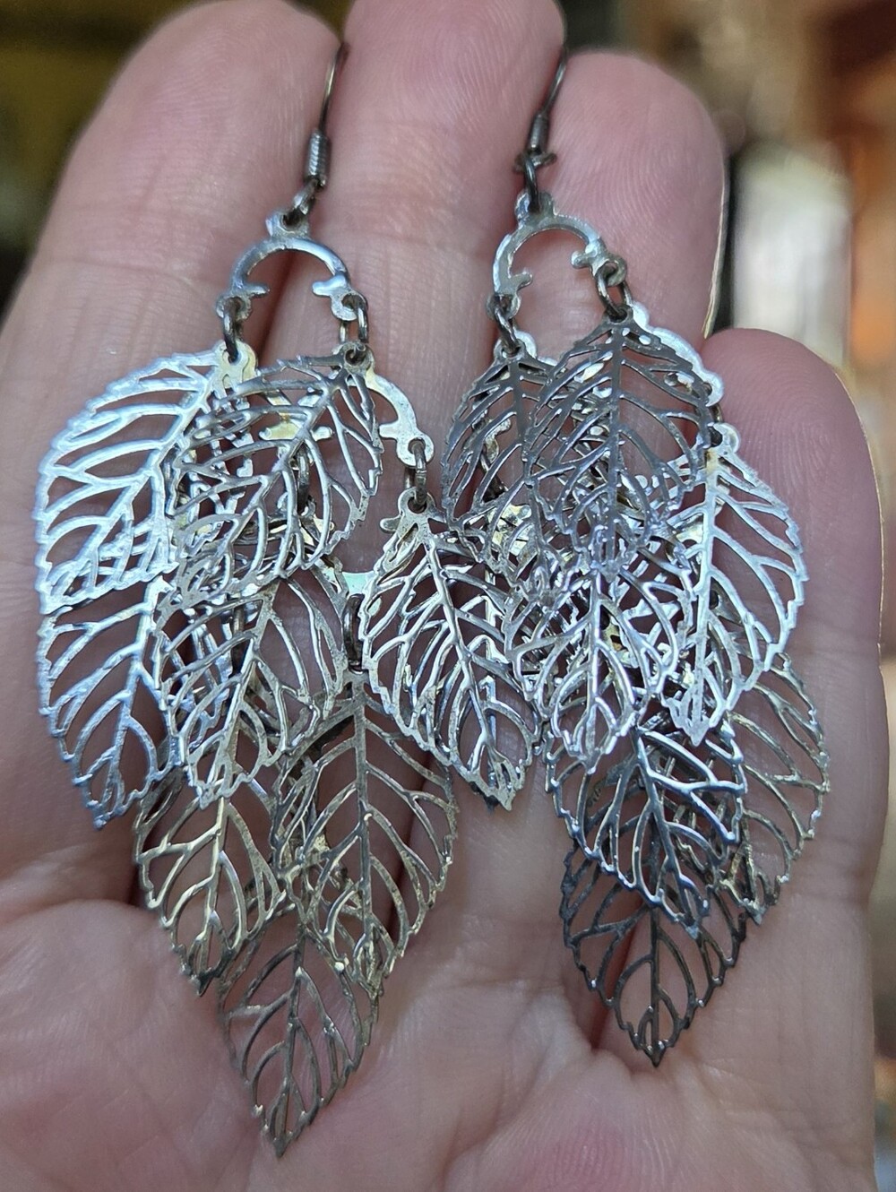 Delicate Silver Leaf Dangle Earrings - Multi Leaf Cascade - Picture 5 of 6